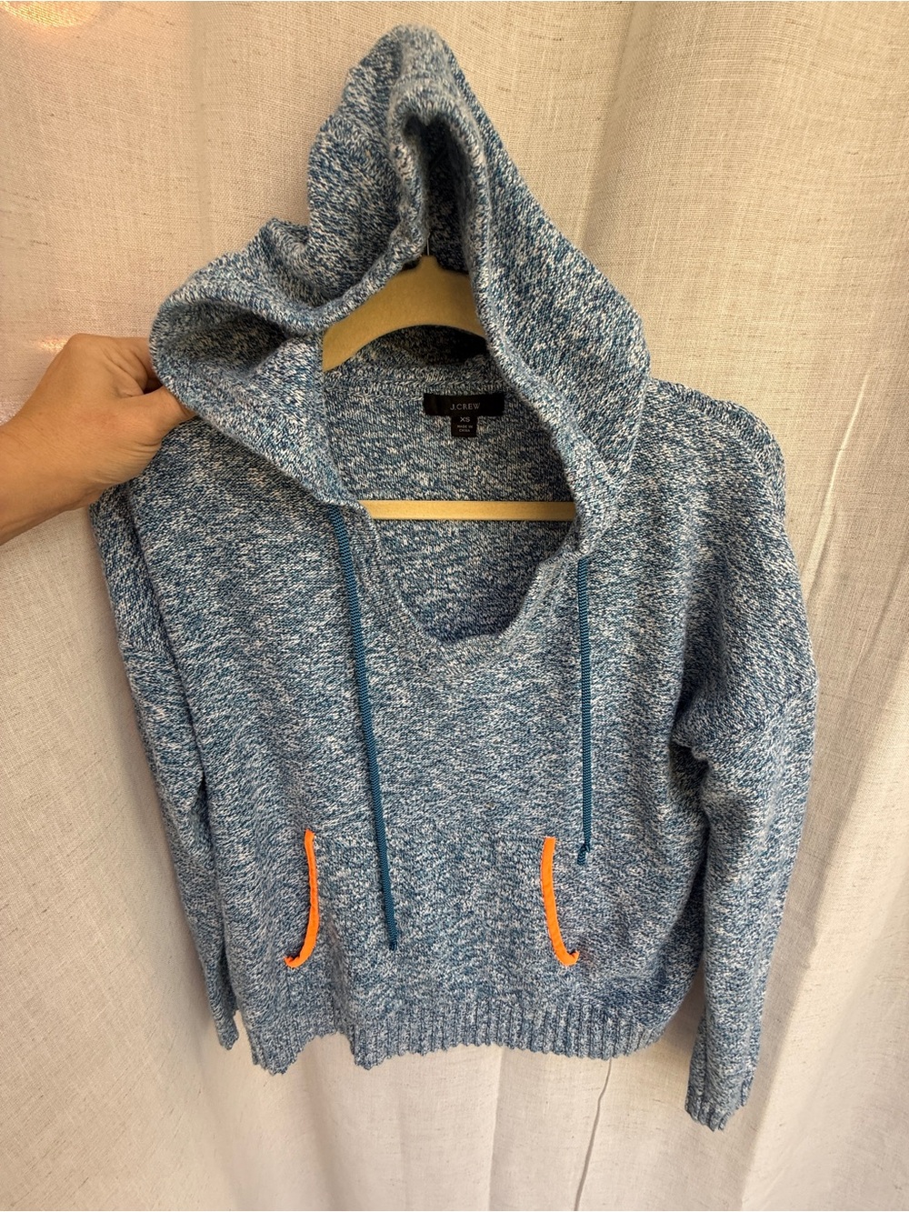 J.Crew Re-Imagined XS Blue Marled Knit Hoodie Orange Trim Pullover